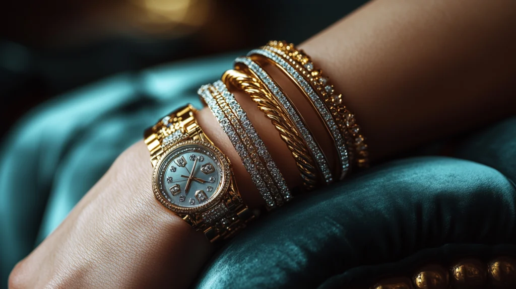 A wrist adorned with a gold watch and several gold and diamond bracelets rests on a teal velvet surface.