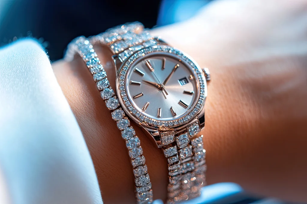 A silver watch with a metallic band graces the wrist, paired elegantly with a diamond tennis bracelets for a touch of sparkle.